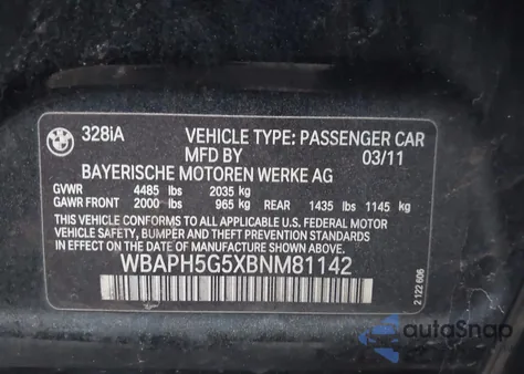 2011 BMW 328I z USA, uszkodzony, nr VIN WBAPH5G5XBNM81142